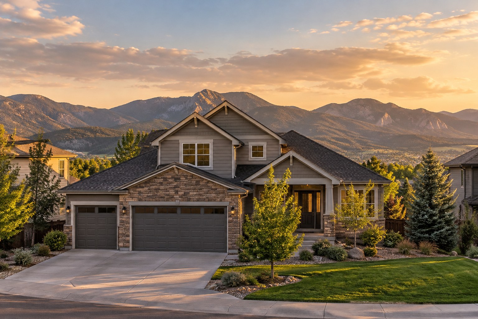 A Colorado Front Range home with mountain foothills in warm evening light