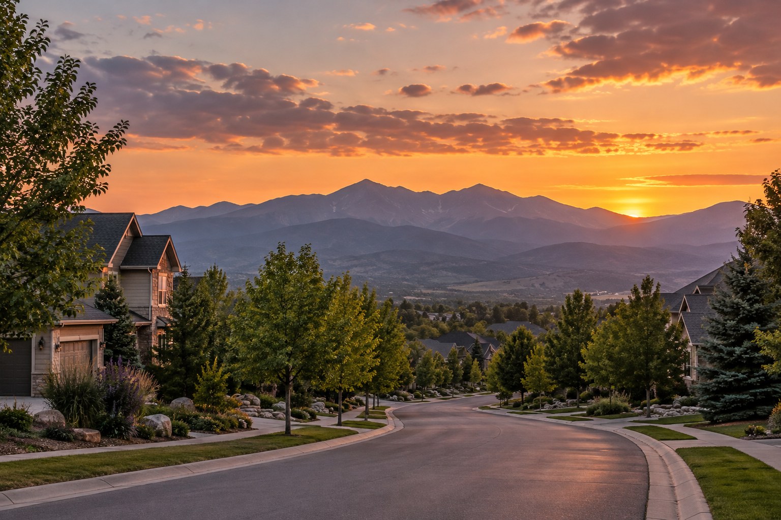 A residential street in Parker at sunset, illustrative
