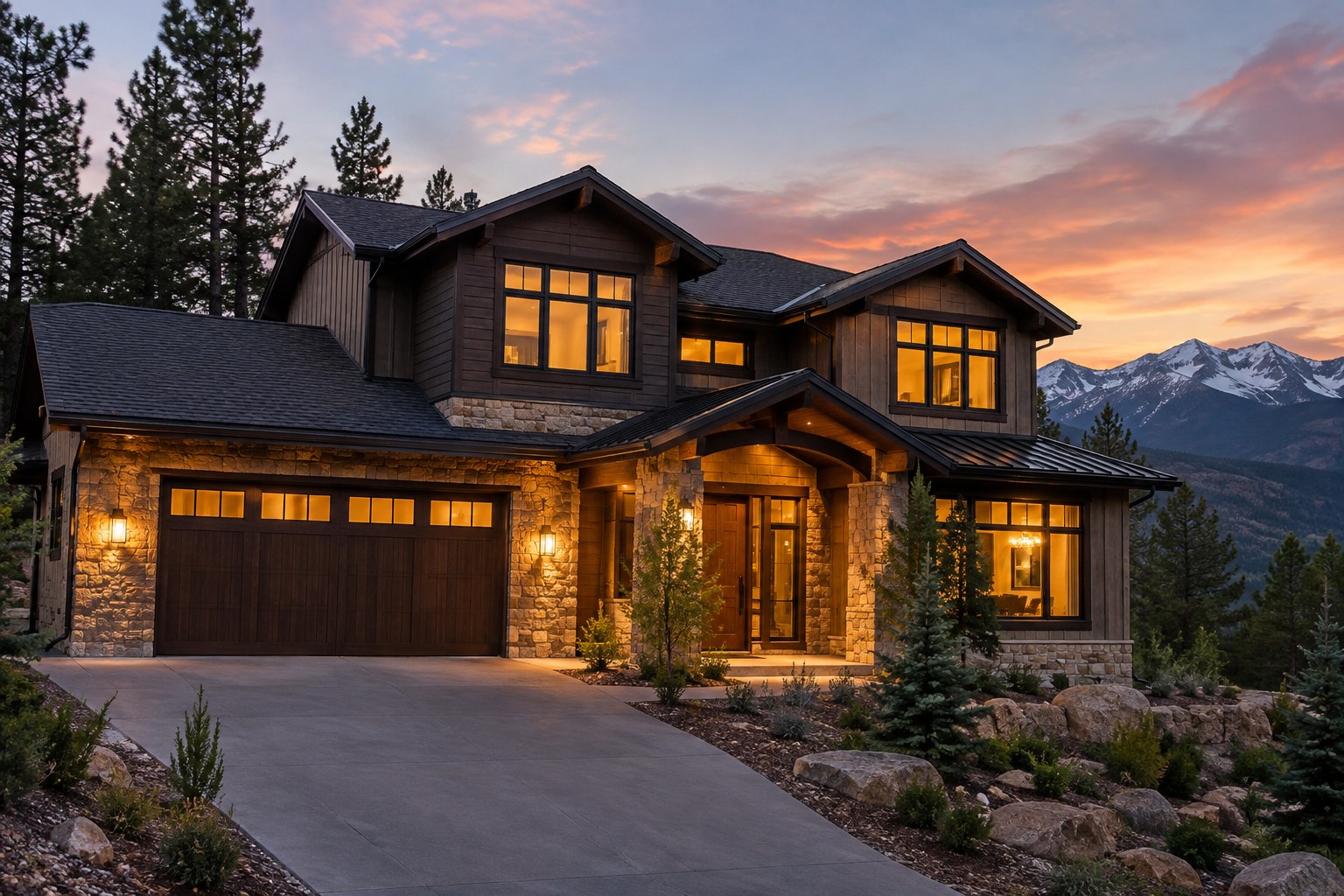 A Front Range home at dusk, illustrative